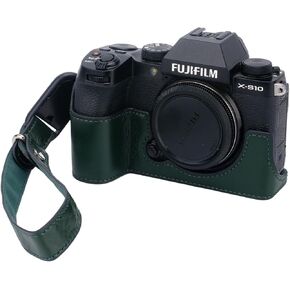 Bowan X-S10 Camera Case, Handmade Genuine Real Leather Half Camera Case Bag Cover for Fujifilm Fuji X-S10 XS10 Camera Bottom Opening Version + Hand Strap (Black)