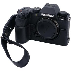Bowan X-S10 Camera Case, Handmade Genuine Real Leather Half Camera Case Bag Cover for Fujifilm Fuji X-S10 XS10 Camera Bottom Opening Version + Hand Strap (Black)
