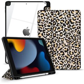 TopPerfekt Hybrid Slim Case for iPad 9th / 8th / 7th Generation (2021/2020 / 2019) 10.2 Inch - [Built-in Pencil Holder] Shockproof Cover with Clear Transparent Back Shell, Auto Sleep Wake Leopard