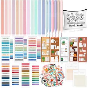 Book Annotation Kit Set of Pencil Case Pouch Included Annotating Bookmark Kit, Highlighter Marker, Pens, Sticky Notes, Book Tracker Bookmarks and Book Stickers for Reading Accessories