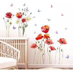 Tanlaby Red Poppy Flowers Wall Stickers Watercolor Floral Butterfly Wall Decals Peel and Stick Art Decor for Girls Bedroom Living Room TV Background
