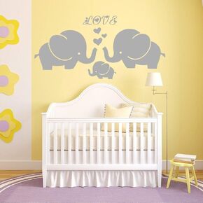 Large Cute Elephant Family with Hearts Wall Decals Baby Nursery Decor Kids Room Wall Stickers, (Large)40''W x19''H, Grey