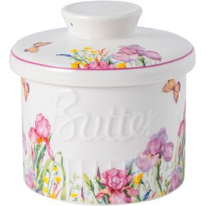 French Butter Crock with Lid, Ceramic Butter Crock with Water Line, Butter Keeper for Kitchen,Butter Holder with Lid, Butter Dish with Lid,Spreadable Butter, White Blue 6.7OZ