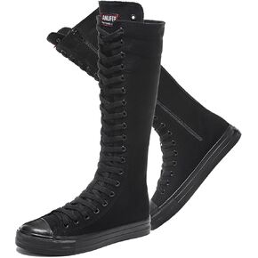 rismart Women's Canvas Sneakers Knee Length High Top Side Zip School Cheergirls Long Boots