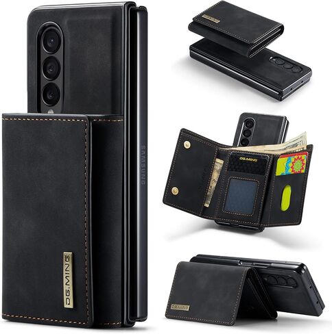 2 in 1 Magnetic Detachable Wallet Case for Samsung Galaxy Z Fold 4, DG.MING Retro Leather Phone Case Kickstand with Clutch Trifold Full Length Bill Wallet Credit Cards Holder (Black) in Kuwait