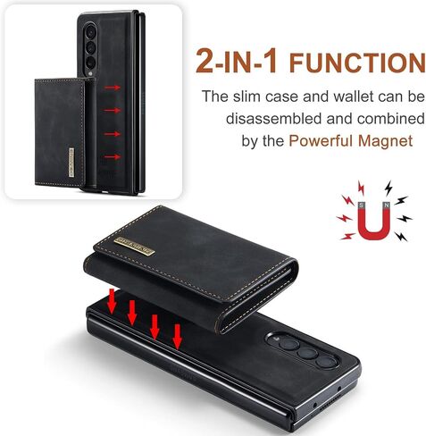 2 in 1 Magnetic Detachable Wallet Case for Samsung Galaxy Z Fold 4, DG.MING Retro Leather Phone Case Kickstand with Clutch Trifold Full Length Bill Wallet Credit Cards Holder (Black) in Kuwait