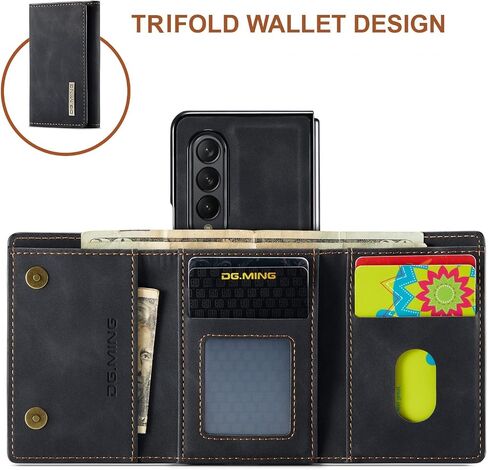 2 in 1 Magnetic Detachable Wallet Case for Samsung Galaxy Z Fold 4, DG.MING Retro Leather Phone Case Kickstand with Clutch Trifold Full Length Bill Wallet Credit Cards Holder (Black) in Kuwait