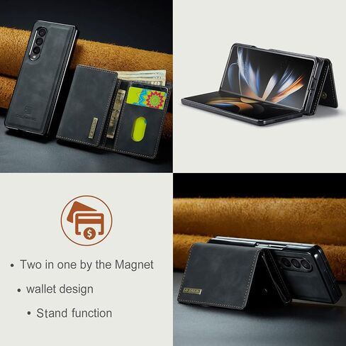 2 in 1 Magnetic Detachable Wallet Case for Samsung Galaxy Z Fold 4, DG.MING Retro Leather Phone Case Kickstand with Clutch Trifold Full Length Bill Wallet Credit Cards Holder (Black) in Kuwait