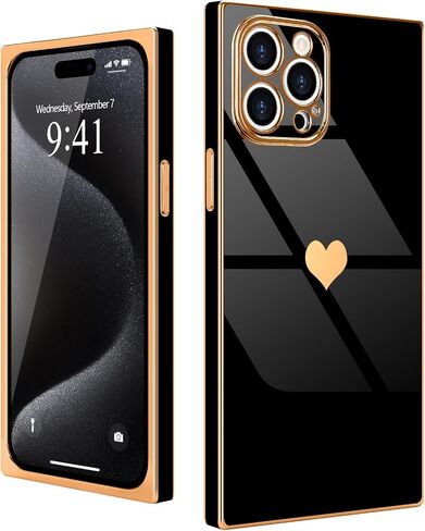 متوافق مع جراب iPhone 15 Pro Max مستطيل للنساء والفتيات لطيف على شكل قلب فاخر مطلي بالذهب مقاوم للصدمات وغطاء حماية كامل لعدسة الكاميرا المرتفعة لهاتف iPhone 15 Pro Max، أسود in Saudi Arabia