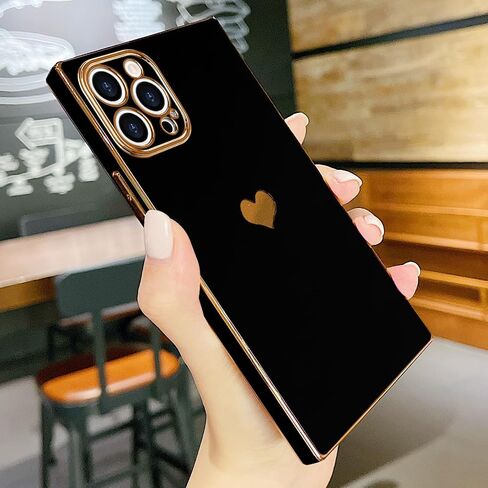 متوافق مع جراب iPhone 15 Pro Max مستطيل للنساء والفتيات لطيف على شكل قلب فاخر مطلي بالذهب مقاوم للصدمات وغطاء حماية كامل لعدسة الكاميرا المرتفعة لهاتف iPhone 15 Pro Max، أسود in Saudi Arabia