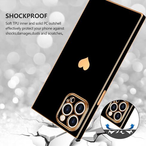 متوافق مع جراب iPhone 15 Pro Max مستطيل للنساء والفتيات لطيف على شكل قلب فاخر مطلي بالذهب مقاوم للصدمات وغطاء حماية كامل لعدسة الكاميرا المرتفعة لهاتف iPhone 15 Pro Max، أسود in Saudi Arabia