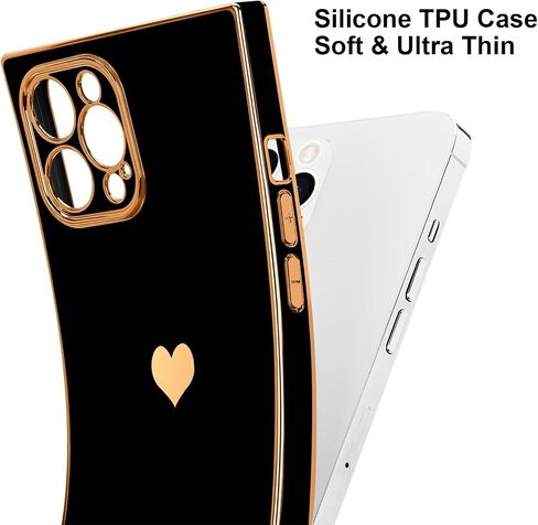 متوافق مع جراب iPhone 15 Pro Max مستطيل للنساء والفتيات لطيف على شكل قلب فاخر مطلي بالذهب مقاوم للصدمات وغطاء حماية كامل لعدسة الكاميرا المرتفعة لهاتف iPhone 15 Pro Max، أسود in Saudi Arabia