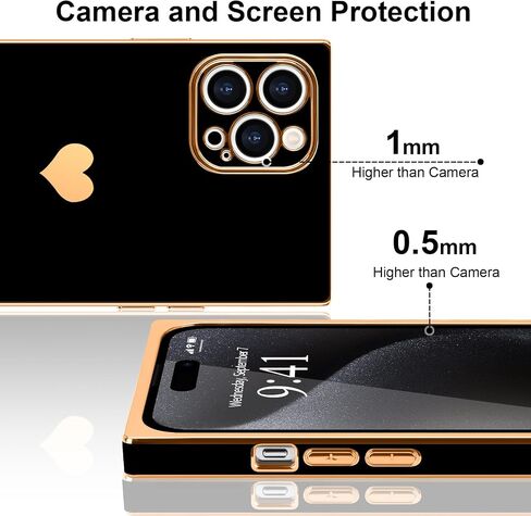 متوافق مع جراب iPhone 15 Pro Max مستطيل للنساء والفتيات لطيف على شكل قلب فاخر مطلي بالذهب مقاوم للصدمات وغطاء حماية كامل لعدسة الكاميرا المرتفعة لهاتف iPhone 15 Pro Max، أسود in Saudi Arabia