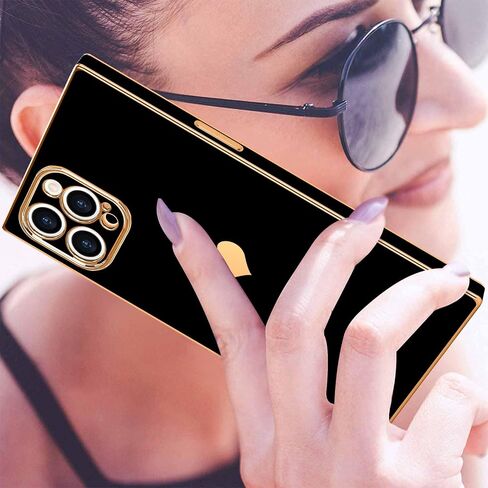 متوافق مع جراب iPhone 15 Pro Max مستطيل للنساء والفتيات لطيف على شكل قلب فاخر مطلي بالذهب مقاوم للصدمات وغطاء حماية كامل لعدسة الكاميرا المرتفعة لهاتف iPhone 15 Pro Max، أسود in Saudi Arabia