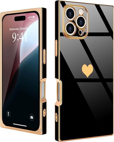 متوافق مع جراب iPhone 15 Pro Max مستطيل للنساء والفتيات لطيف على شكل قلب فاخر مطلي بالذهب مقاوم للصدمات وغطاء حماية كامل لعدسة الكاميرا المرتفعة لهاتف iPhone 15 Pro Max، أسود in Saudi Arabia