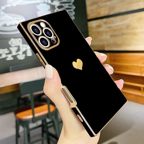 متوافق مع جراب iPhone 15 Pro Max مستطيل للنساء والفتيات لطيف على شكل قلب فاخر مطلي بالذهب مقاوم للصدمات وغطاء حماية كامل لعدسة الكاميرا المرتفعة لهاتف iPhone 15 Pro Max، أسود in Saudi Arabia