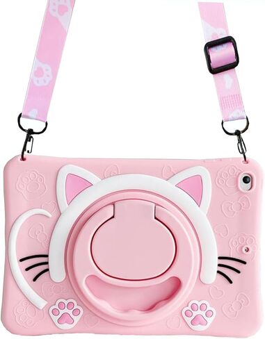 Tablet Case for Samsung Galaxy Tab A9 Plus 11 inch 2023(SM-X210/X216/X218) Cover with 360° Swivel Stand/Handle Grip/Shoulder Strap,Shockproof Silicone Cover 3D Lovely Cat Case(Pink) in Kuwait