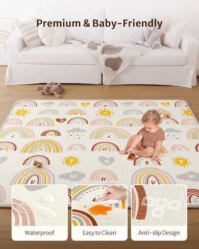 Blissful Diary Baby Play Mat, Reversible Baby Mat for Floor, Soft Foam Playmat for Babies and Toddlers, Foldable Waterproof Baby Crawling Mat with Edge Reinforcement for Indoor & Outdoor, 78''x50'' in Saudi Arabia
