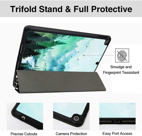 Hi Space for iPad 9th 8th 7th Generation Case for iPad 10.2 Case 2021 2020 2019 Mountain Painting with Pencil Holder, Watercolor Scenery Teal Shockproof Cover Auto Sleep Wake for A2270 A2428 A2197 in Saudi Arabia