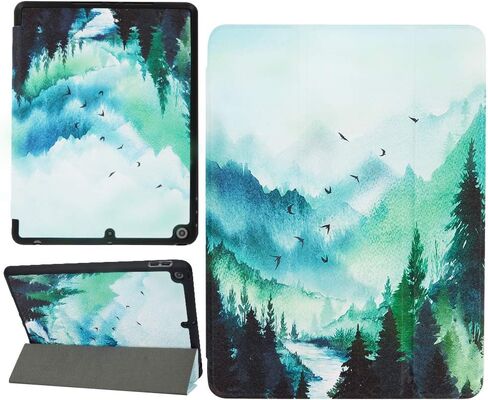 Hi Space for iPad 9th 8th 7th Generation Case for iPad 10.2 Case 2021 2020 2019 Mountain Painting with Pencil Holder, Watercolor Scenery Teal Shockproof Cover Auto Sleep Wake for A2270 A2428 A2197 in Saudi Arabia