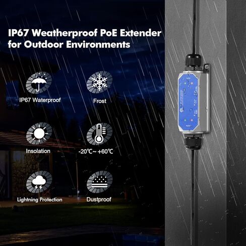 Outdoor IP67 Waterproof Gigabit PoE Passthrough Switch, 1 PoE in 1 PoE Out Extender, IEEE802.3af/at PoE Powered 30W, 10/100/1000Mbps Ethernet, Wall Mount Plug and Play in Kuwait