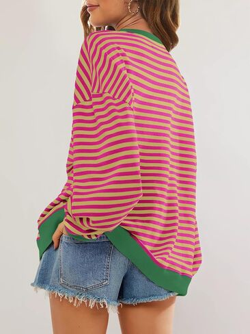 SENSERISE Womens Oversized Classic Striped Crewneck Sweatshirts Long Sleeve Color Block Shirts Casual Tops(Light Green,S) in Kuwait