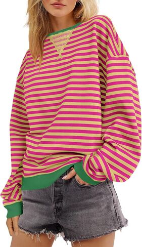 SENSERISE Womens Oversized Classic Striped Crewneck Sweatshirts Long Sleeve Color Block Shirts Casual Tops(Light Green,S) in Kuwait