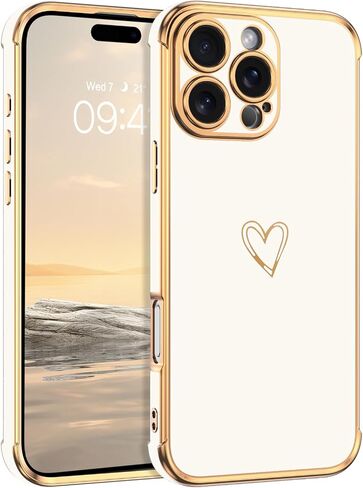 BENTOBEN for iPhone 16 Pro Case, iPhone 16 Pro Phone Case, Cute Heart Luxury Gold Plating Slim Flexible TPU Bumper Protective Cover, Women Men Girls Boys Phone Case for iPhone 16 Pro 6.3", White in Saudi Arabia