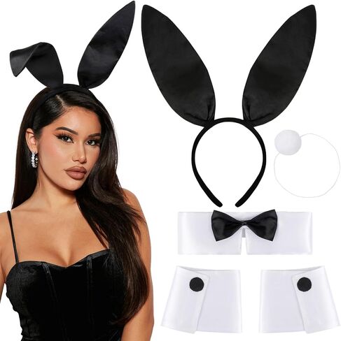 Bunny Costume Set Women Bunny Ears and Tail Set Easter Bunny Ears Headband Woman Adult Women Costume, Rabbit Ear Head Band Bow Tie Collar Cuffs Tail, Halloween Bunny Accessories Costume in Saudi Arabia