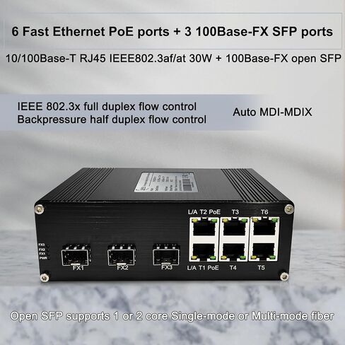 محول إيثرنت سريع غير مُدار بـ 6 منافذ PoE مع 3 فتحات SFP IEEE802.3af/at 30W حتى 180W 10/100Mbps محول ألياف الشبكة 48V DC in Saudi Arabia