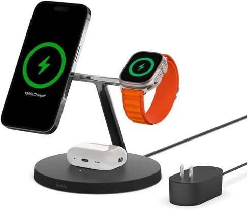 حامل شحن لاسلكي 3 في 1 من بيلكين مع تقنية MagSafe المغناطيسية المتوافقة مع Qi2 بقدرة 15 وات، شاحن iPhone سريع الشحن لسلسلة iPhone 15 و14 و13 وAirPods وApple Watch والمزيد (يشمل PSU) - أبيض in Kuwait