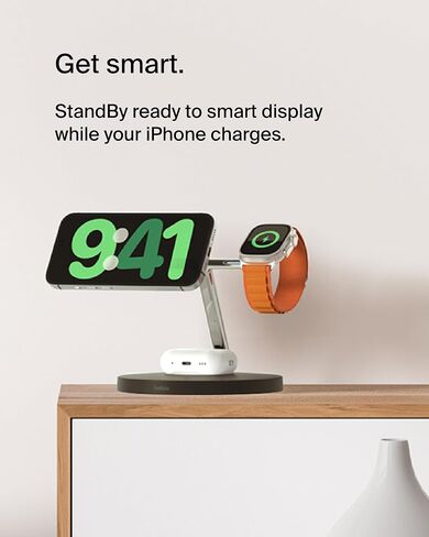 حامل شحن لاسلكي 3 في 1 من بيلكين مع تقنية MagSafe المغناطيسية المتوافقة مع Qi2 بقدرة 15 وات، شاحن iPhone سريع الشحن لسلسلة iPhone 15 و14 و13 وAirPods وApple Watch والمزيد (يشمل PSU) - أبيض in Kuwait