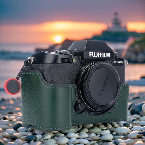 Bowan X-S10 Camera Case, Handmade Genuine Real Leather Half Camera Case Bag Cover for Fujifilm Fuji X-S10 XS10 Camera Bottom Opening Version + Hand Strap (Black) in Kuwait