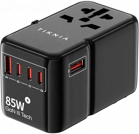 محول السفر العالمي، TIKNIA GaN III PD 85W Type-C محول شحن سريع مع 2USB-A و3USB-C، شاحن حائط بمنفذ واحد عالمي للهاتف والكمبيوتر اللوحي والكمبيوتر المحمول ونوع التوصيل A/C/G/I (الولايات المتحدة/ الاتحاد الأوروبي/المملكة المتحدة/أستراليا) in Saudi Arabia