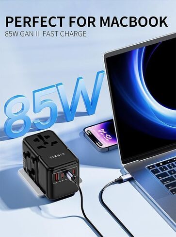 محول السفر العالمي، TIKNIA GaN III PD 85W Type-C محول شحن سريع مع 2USB-A و3USB-C، شاحن حائط بمنفذ واحد عالمي للهاتف والكمبيوتر اللوحي والكمبيوتر المحمول ونوع التوصيل A/C/G/I (الولايات المتحدة/ الاتحاد الأوروبي/المملكة المتحدة/أستراليا) in Saudi Arabia