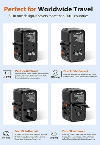 محول السفر العالمي، TIKNIA GaN III PD 85W Type-C محول شحن سريع مع 2USB-A و3USB-C، شاحن حائط بمنفذ واحد عالمي للهاتف والكمبيوتر اللوحي والكمبيوتر المحمول ونوع التوصيل A/C/G/I (الولايات المتحدة/ الاتحاد الأوروبي/المملكة المتحدة/أستراليا) in Saudi Arabia