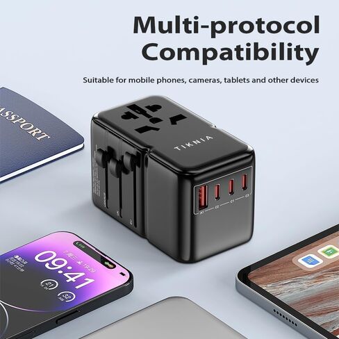 محول السفر العالمي، TIKNIA GaN III PD 85W Type-C محول شحن سريع مع 2USB-A و3USB-C، شاحن حائط بمنفذ واحد عالمي للهاتف والكمبيوتر اللوحي والكمبيوتر المحمول ونوع التوصيل A/C/G/I (الولايات المتحدة/ الاتحاد الأوروبي/المملكة المتحدة/أستراليا) in Saudi Arabia