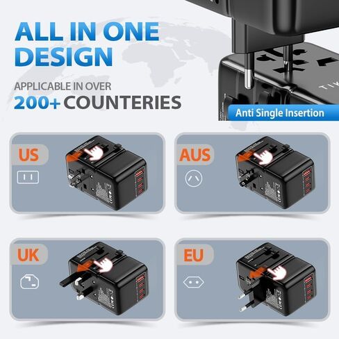 محول السفر العالمي، TIKNIA GaN III PD 85W Type-C محول شحن سريع مع 2USB-A و3USB-C، شاحن حائط بمنفذ واحد عالمي للهاتف والكمبيوتر اللوحي والكمبيوتر المحمول ونوع التوصيل A/C/G/I (الولايات المتحدة/ الاتحاد الأوروبي/المملكة المتحدة/أستراليا) in Saudi Arabia
