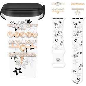 Floral Engraved Band and Decorative Rings Loops Compatible with Apple Watch Bands 40mm for Women 38mm 41mm, Two-Tone Flower Soft Silicone Sport Strap With Decorative Apple Watch Charms for iWatch Series 9 8 7 6 5 4 3 2 1 SE(with Band)
