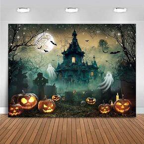 Mocsicka Halloween Photography Backdrop Scary Castle Graveyard Pumpkin Lantern Halloween Backdrop for Photoshoot Full Night Moon Horror Halloween Party Decorations Indoor Outdoor(7x5ft)
