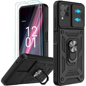 for REVVL 6 Pro 5G Case, REVVL 6X Pro Case with Slide Camera Cover and 2pcs HD Screen Protector, 360° Rotation Ring Kickstand [Military Grade] Case (Black)