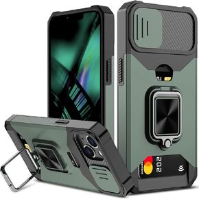 Nvollnoe for iPhone 14 Plus Case with Sliding Camera Cover and Card Holder Heavy Duty Protective for iPhone 14 Plus Case with Ring Magnetic Kickstand Phone Case for iPhone 14 Plus 6.7 inch(Black)
