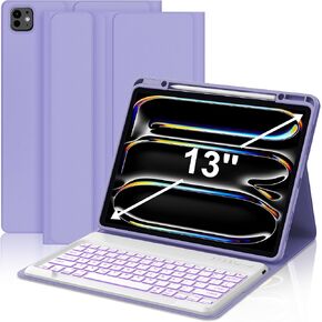 JADEMALL Keyboard Case for iPad Pro 13 inch (M4) 7th Generation 2024, Wireless Bluetooth, 7 Colors Backlit Detachable Keyboard with Pencil Holder, Sleep/Wake Synthetic Leather Folio, Purple