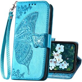 for iPhone 13 Pro Case Wallet for Women,Flip Folio Cover with Butterfly Embossed PU Leather Credit Card Holder Slots Magnetic Wrist Strap Phone Case for iPhone 13 Pro (Rose Gold)