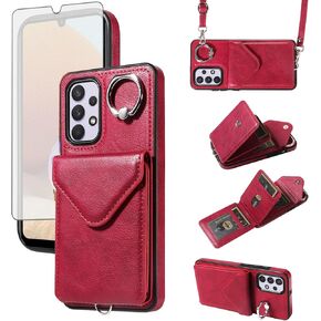 Asuwish Phone Case for Samsung Galaxy A32 5G 2021 6.5 inch Wallet Cover with Screen Protector and Card Holder Slot Ring Stand Flip Cell Accessories M32 G5 A 32 32A S32 SM-A326U A326U Women Men Red