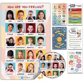 2 Laminated Feelings Posters for Kids - English & Spanish - Calm Down Corner Supplies - Therapy & School Counselor Supplies - Emotions Posters for Home and Calming Corner Classroom