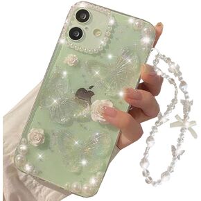for iPhone 16 Clear Glitter Case,Cute 3D Butterfly Flower Crystal Pearl Bling Sparkle Shiny with Wrist Strap Chain Soft TPU Silicone Aesthetic Women Girls Phone Case for iPhone 16 6.1", Clear