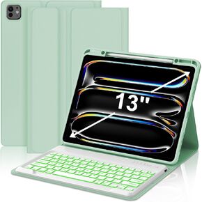 JADEMALL Keyboard Case for iPad Pro 13 inch (M4) 7th Generation 2024, Wireless Bluetooth, 7 Colors Backlit Detachable Keyboard with Pencil Holder, Sleep/Wake Synthetic Leather Folio, Grass Green