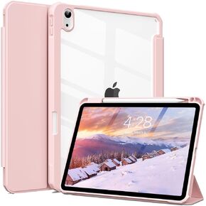 for iPad Air 6th Generation 11 inch Case M2 2024, iPad Air 5th/4th Gen Case 10.9 inch with Pencil Holder, iPad Air Case with Clear Transparent Back, Supports Pencil Pro/USB-C, Pink