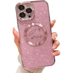 MGQILING Compatible with iPhone 11 Pro Max Magnetic Glitter Case-6.5 Inch, Luxury Love Heart Pattern Plating Bling Clear Case, Compatible with MagSafe for Women Girls Shockproof Back Cover-Pink